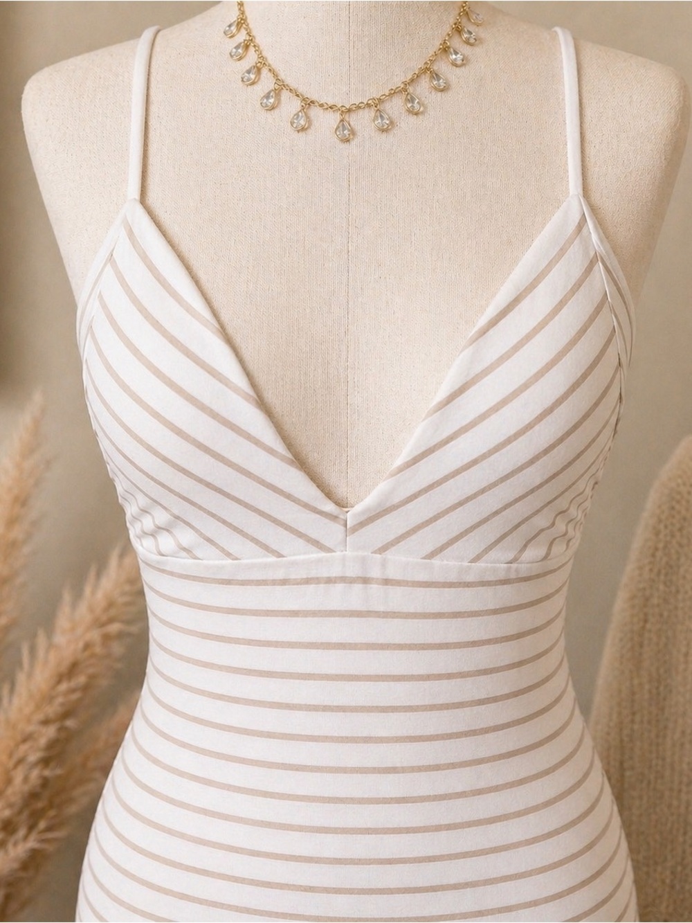 Minimalist Tailored Midi Dress — Neutral Stripe, Sculpted Fit | Quiet Luxury - Picture 5 of 8